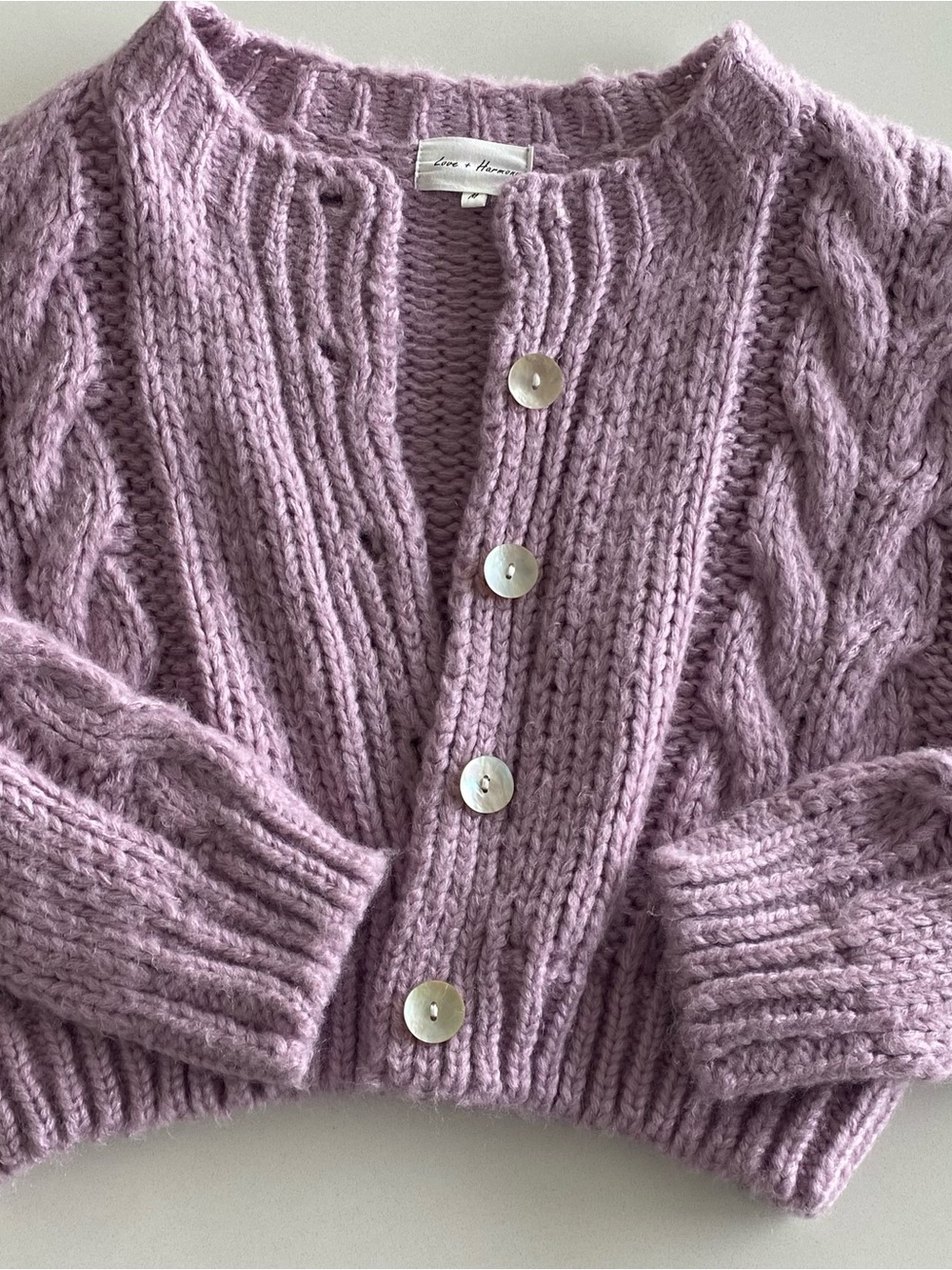 Soft Lilac Cable Knit Button Cardigan